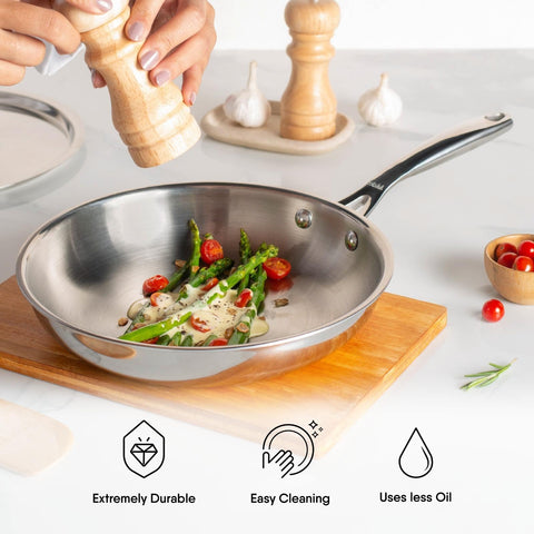 Stahl Artisan Triply Stainless Steel Fry Pan with Lid, Induction & Gas Stove Compatible Frying,Omelette, Egg 1.3 L, 22 cm