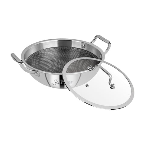 CDM SOLITAIRE Prizm Hybrid Triply Non-Stick Kadai with Glass Lid, Stainless Steel Kadai for Cooking, Triply Kadhai Metal Spatula Friendly, Induction & Gas Stove Compatible, 32 cm