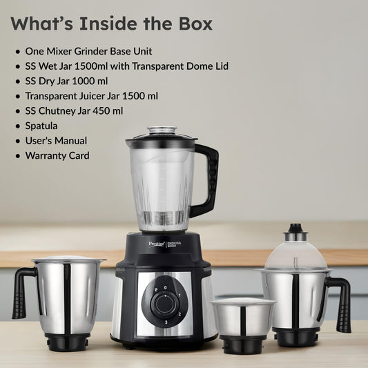 Prestige Endura 1000 Watt Mixer Grinder with 4 Jars | Heavy-Duty Ball Bearing Copper Motor | 3 Stainless Steel + 1 Juicer | Super Efficient SS Blades | Black | 5Y Motor Warranty