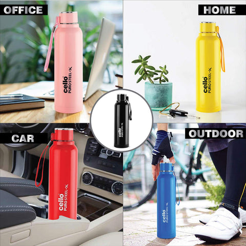 Cello Puro Steel-X Benz 900 | Leak Proof| Wide Mouth & Easy to Open | Insulated Inner Steel Outer Plastic Water Bottle | 730ml | Blue