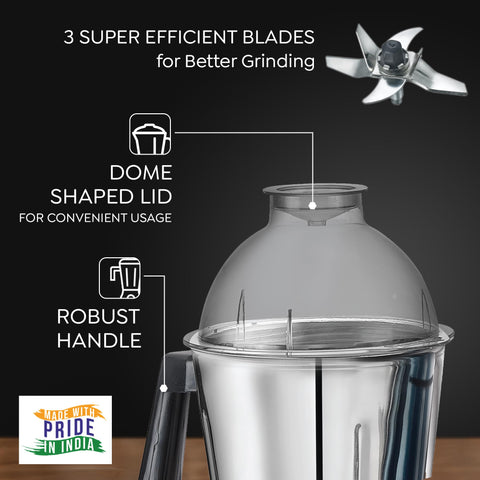 Prestige Grace 750W 4 Jars Mixer Grinder with 3 Stainless Steel Jars & 1 Juice Extracter Jar With Sieve|4 Super Efficient Blades|Sturdy Handles|Dome Shaped Lid|Blue & Black