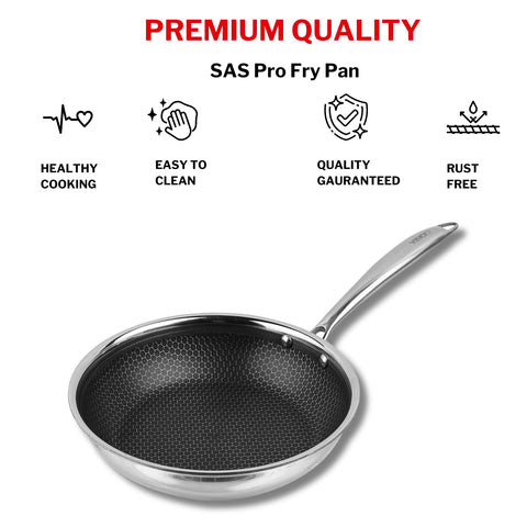 Vinod SAS Pro Platinum Triply Stainless Steel Hybrid Non Stick Frypan - 24 cm | Etched Hexa Design Stick-Resistant Surface | Healthy Cooking | Metal Spatula Safe | Induction & Gas Base | Toxin Free