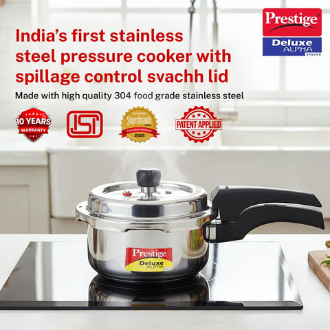 Prestige 2 Litre Stainless Steel Deluxe Alpha Svachh Outer Lid Pressure Cooker | 10Y Warranty | Deep Lid for Spillage Control | TRIPLY Base | Gasket Release System | Gas & Induction Compatible | ISI