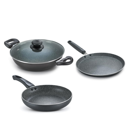 Prestige Omega Deluxe Granite Alpha 3Piece BYK Non-Stick Cookware Set| Kadai 24cm with Glass Lid, Omni Tawa 28cm & Fry Pan 24cm| Gas & Induction Compatible| 5 Layer Non-Stick Coating|Black