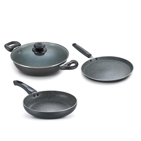 Prestige Omega Deluxe Granite Alpha 3Piece BYK Non-Stick Cookware Set| Kadai 24cm with Glass Lid, Omni Tawa 28cm & Fry Pan 24cm| Gas & Induction Compatible| 5 Layer Non-Stick Coating|Black