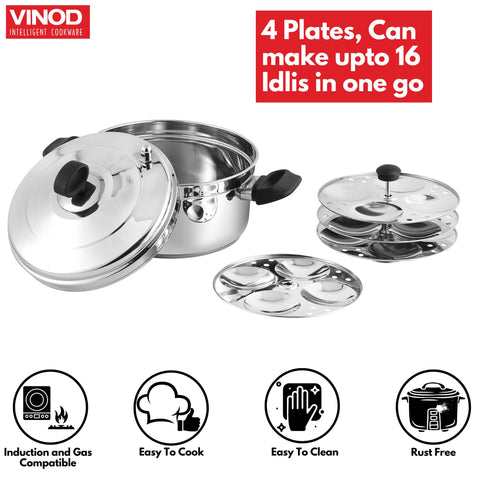 Vinod Classic Stainless Steel Idli Pot - 4 Deep Plates | Soft & Plump Fluffy Idly Maker Cooker | Even Heating SAS Bottom Steamer | Heat-Resistant Handles | Induction & Gas Compatible