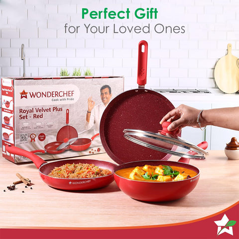 Wonderchef Royal Velvet 4-Piece Cookware Set | Red, Induction Ready