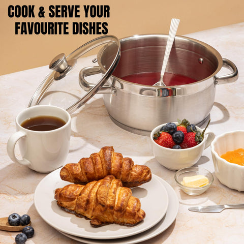 Vinod Two Tone Stainless Steel Saucepot with Glass Lid 8.7 Litre, 28cm (6.2mm Thick Base) | Triply Saucepot, Sturdy Riveted Handle | 2 Year Warranty | Induction Bottom - Silver