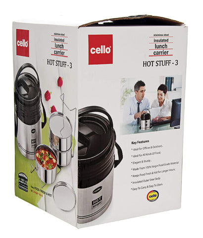 Cello HOT Stuff-3 Stainless Steel Insulated Lunch Carrier,Colour- Black,3 Containers