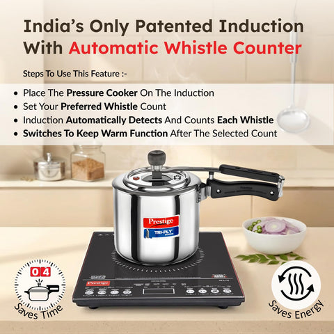 Prestige PIC 3.1 V3 2000 Watts Induction Cooktop | Patented Automatic Whistle Counter | 4KV Surge Protection | 7 Preset Indian Menu Options With Timer | Touch Button | Black | 1Y Warranty | BIS