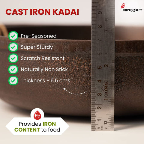 Flat Kadai, 9 Inch Diameter, Cast Iron, Induction Friendly, Pre Seasoned, Loha Kadai, Oven Safe