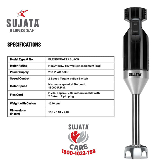 Sujata Blendcraft Hand Blender|180 Watts Motor|18000 RPM|2 Speed Toggle Action Switch|Super Quick Blending| (Black)