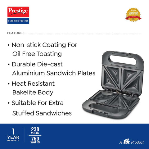 Prestige PSDP 03-SS 750 W Sandwich Toaster with Fixed & Deep Sandwich Plates(Black, Non-Stick Coated)