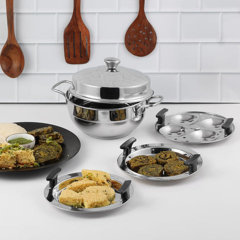 Vinod Gen - Z Multi 6 pcs Kadai with Stainless Steel Lid, 2 Idli Plates, 2 Dhokla Plates and 1 Patra Plate -Induction & Gas Stove Friendly, Sturdy Handle,SAS Bottom