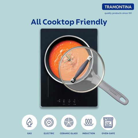Tramontina Velo 16cm/1.9L Forged with Ceramic Reinforced Interior Sauce Pan with GlassLid | Milk Boiling Pot/Pan |Tea Pan/Pot | Gas/Induction | Silicone Grip Handles | Cook & Serve | Sand Beige