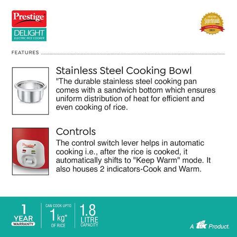 Prestige Delight Cute 1.8 Bowl Electric Rice Cooker(1.8L for Rice-Open Type, Silky Red, with Stainless Steel Cooking Pan 4.4L Volume,700 W)