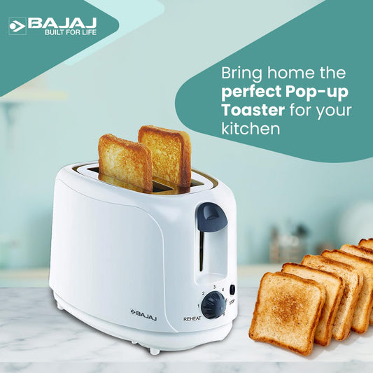 Bajaj ATX 4 750 watts 2-Slice Pop-up Toaster | Dust Cover & Slide Out Crumb Tray | 6-Level Browning Controls | Mid-Cycle Cancel Feature | 2-Yr Warranty | 750 watts | Electric Toaster 【White】