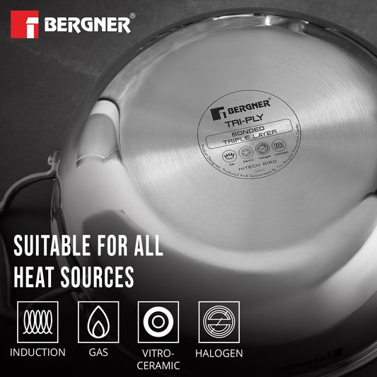 BERGNER Hitech Prism Non-Stick Stainless Steel Kadai with Glass Lid, 32 cm, 5.8 Litres, Induction Base, Silver (BG-31154-MM)