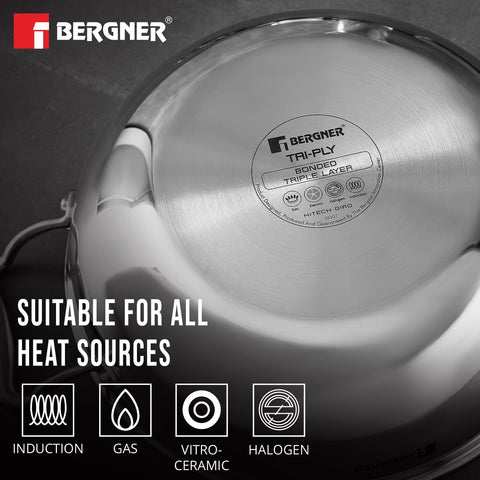BERGNER Hitech Prism Non-Stick Stainless Steel Kadai with Glass Lid, 32 cm, 5.8 Litres, Induction Base, Silver (BG-31154-MM)
