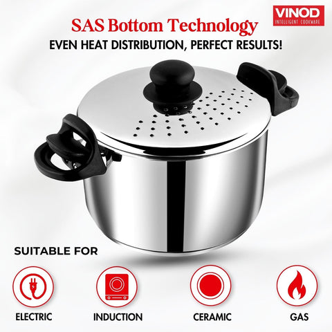 Vinod Stainless Steel Rice & Pasta Pot with Strainer Lid - 24cm | SAS Bottom, Locking Handles | Induction & Gas Compatible | Multi-Purpose Cookware for Vegetables, Noodles, Biryani | Rust-Free.