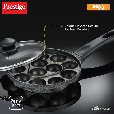 Prestige Omega Select Plus Non-Stick Paniyarakkal with lid (Appe Maker)|16 pits| 24cm|Residue Free Coating |Metal Spoon Friendly