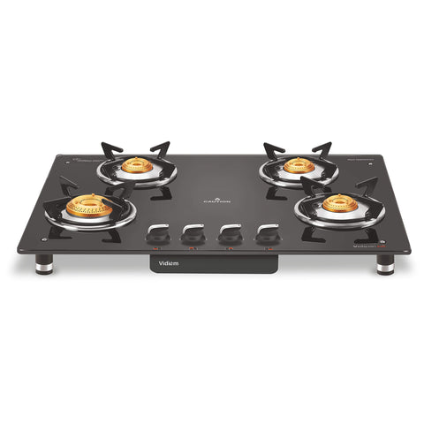 Vidiem Gas Stove AIR (Black with Silver) | 4 Burner Gas Stove | Manual Ignition | 10mm Toughened Glass Top Gas Stove | High Efficiency | ISI Certified | 2 years warranty (4 Burner)