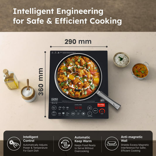 Prestige PIC 6.1 V3 2200 Watts Induction Cooktop | Patented Automatic Whistle Counter | 4KV Surge Protection | 7 Preset Indian Menu Options With Timer | Touch Button | Black | 1Y Warranty | BIS
