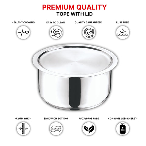 Vinod 21cm Stainless Steel Tope with Lid - Durable, 2Yr Warranty