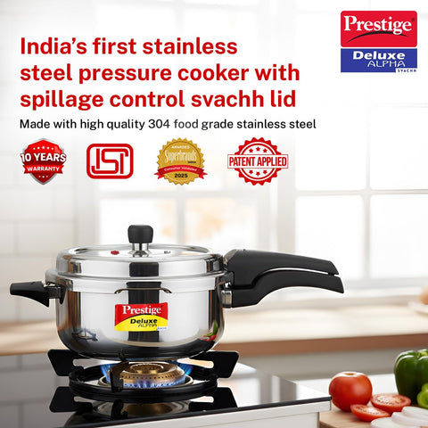 Prestige 4 Litre Stainless Steel Deluxe Alpha Svachh Outer Lid Senior Pressure Pan Cooker | 10Y Warranty| Deep Lid for Spillage Control | TRIPLY Base | GRS | Gas & Induction Compatible | ISI