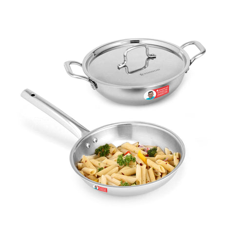 Wonderchef Venice Triply Stainless Steel 3 Pc. Cookware Set | Fry Pan 20cm, Kadhai with Lid 24cm | Non-Toxic | Safe to Use | Uniform Heating | Heavy-Duty Handle | Easy Cleaning | 10-Year Warranty