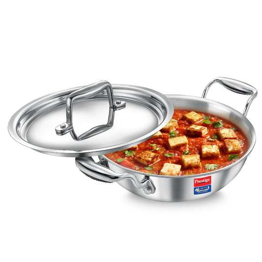 Prestige 18cm/1.2L Tri-Ply Stainless Steel Splendid Kadai with Lid|Gas and Induction Compatible|Even Heat Distribution| Thick Gauge Tri-Ply Body| Perma Cool Handles|15 Year Warranty