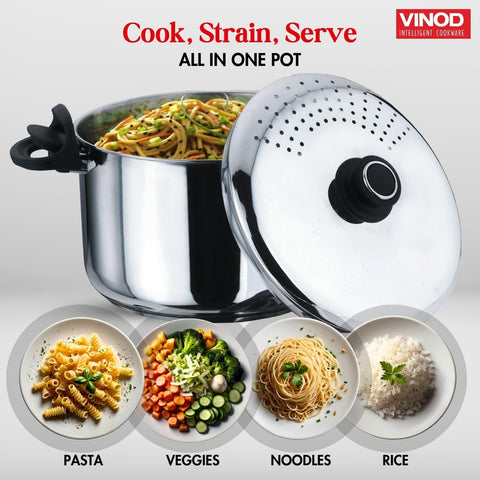 Vinod Stainless Steel Rice & Pasta Pot with Strainer Lid - 24cm | SAS Bottom, Locking Handles | Induction & Gas Compatible | Multi-Purpose Cookware for Vegetables, Noodles, Biryani | Rust-Free.
