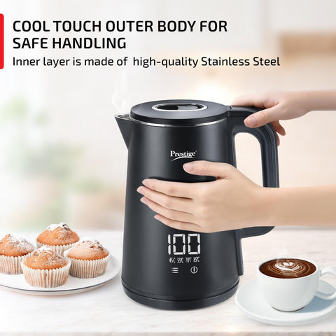 Prestige Stainless Steel Digi Kettle 2 L With 4 Preset Modes | Live Temperature Display | Elegant Cool Touch Design | Auto-Cut Off And Dry Heat Protection | 360 Degree Swivel Base, 1350 Watts, Black