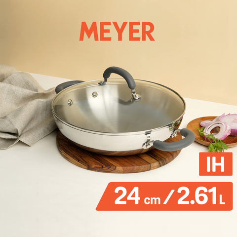 Meyer Trivantage Nickel Free Stainless Steel Triply Kadai | Steel Kadhai with Lid | Kadhai for deep Fry, Gas and Induction Compatible, 24cm, Silver