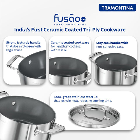TRAMONTINA Fusao Healthy Triply Ceramic 20Cm/3.1Liters Polished Casserole EX+ With SS 304 Lid | Stock Pot | Biryani Pot | Induction Friendly | Stay Cool Handle I 10 Year Warranty* By Brand, Silver