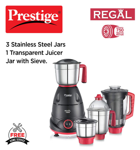 Prestige 750 Watts Regal Mixer Grinder with 4 Jars (3 Stainless Steel Jars + 1 Juicer Jar)| Black
