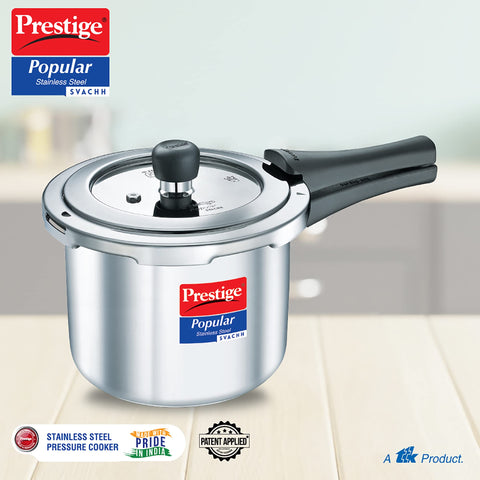 Prestige 3 Litre Stainless Steel Popular Svachh Outerlid Pressure Cooker | Deep lid for spillage control|Gas & Induction Compatible|Controlled Gasket Release System|5 Years warranty|ISI Certified