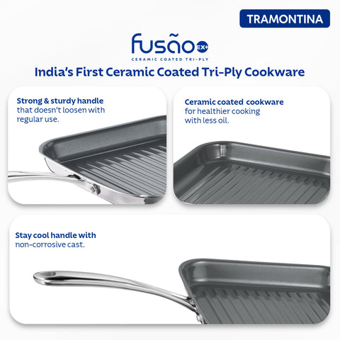Tramontina FUSAO EX+ 26cm Triply Stainless Steel Ceramic Coated Grill Pan | Pan for Grilling, Searing, Barbeque | Tandoori Pan/Grill | Gas/Induction Cookware | Stay Cool Handle | 10 Year Warranty*
