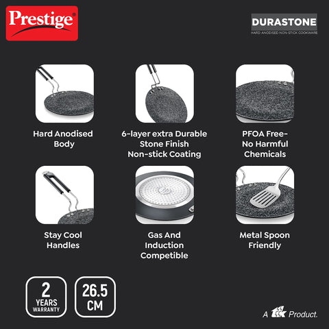 Prestige Durastone Hard Anodised Non-Stick Omni tawa(26.5 cm)|6 Layers Extra Durable Stone Coating|Stainless Steel Cool Touch Handles|Induction & Gas Compatible|2 Years Warranty