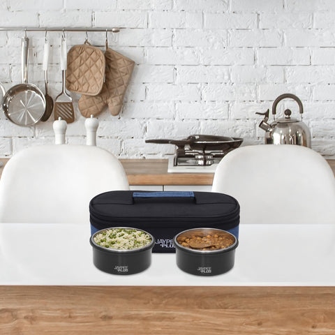 Jaypee Plus Stainless Steel Inner Micropac 2 Container Lunch Box | Leak Proof | Microwave Safe | Insulated Lunch Box | Air Tight | Insulated Tiffin Box for Office | 400 Ml Black