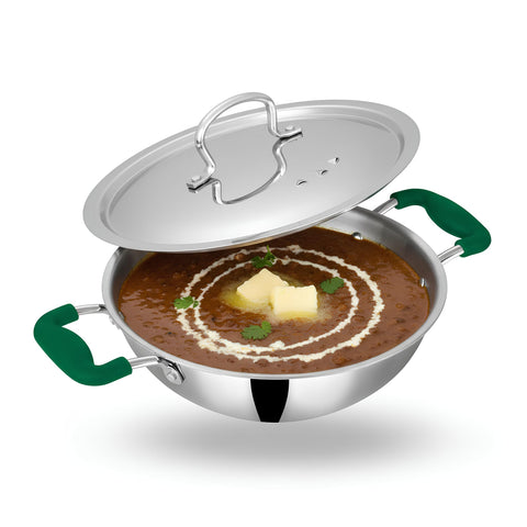 Zira Triply Stainless Steel Kadai with Steamer Lid | 26cm, 3.8L | Fire Proof, Stay Cool Silicone Handle | Induction & Gas Friendly | 2.5mm Heavy Bottom Triply Kadhai | 10 Year Warranty