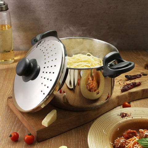 Vinod Stainless Steel Rice & Pasta Pot with Strainer Lid - 24cm | SAS Bottom, Locking Handles | Induction & Gas Compatible | Multi-Purpose Cookware for Vegetables, Noodles, Biryani | Rust-Free.
