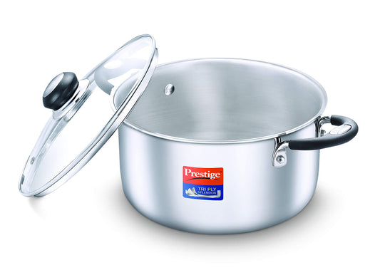 Prestige 22cm/4.25L Tri-Ply Stainless Steel Splendor Casserole with Glass Lid|Gas and Induction Compatible| Even Heat Distribution|Strong and Durable| Perma-Cool Handles