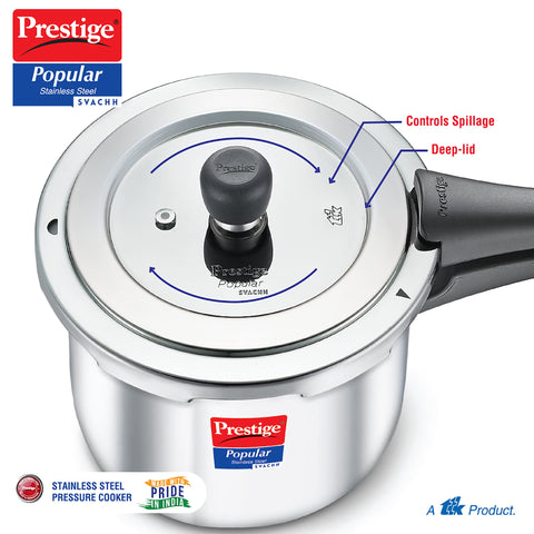 Prestige 5 Litre Stainless Steel Popular Svachh Outerlid Pressure Cooker | Deep lid for spillage control|Gas & Induction Compatible|Controlled Gasket Release System|5 Years warranty|ISI Certified