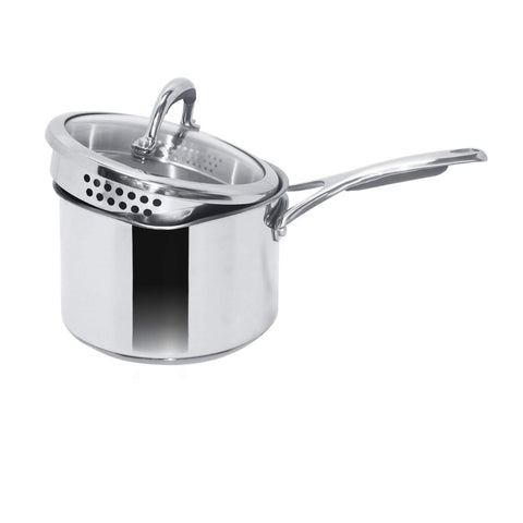 Meyer Select Nickel Free Stainless Steel Saucepan | Sauce pan with triply Base| Sauce Pot with Straining Glass Lid |Milk pan with Lid | Gas and Induction Compatible, 18cm/ 1.9 Liters, Silver |