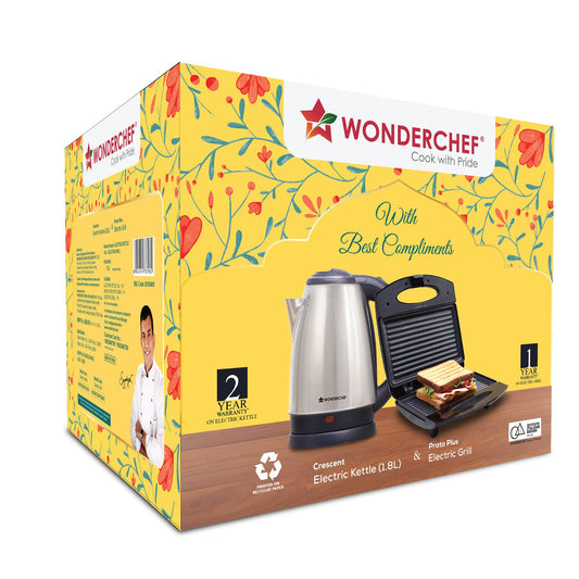Wonderchef Prato Plus Griller (800 Watts) & Crescent Electric Kettle | Healthy Non-stick Aluminium Grill Plates | Sleek and Compact Design | 1.8 Litre Kettle Capacity | Boil Water in 5 Mins, Black