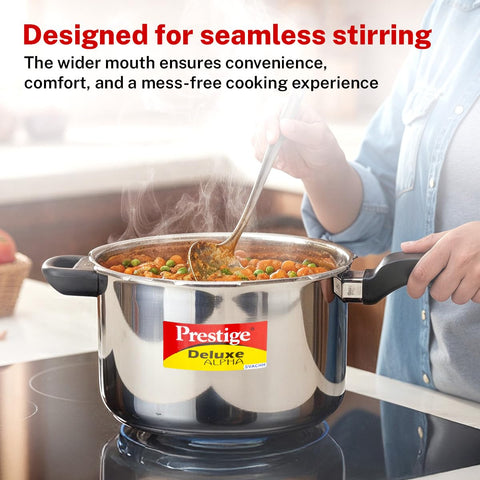 Prestige 6.5 Litre Stainless Steel Deluxe Alpha Svachh Outer Lid Pressure Cooker | 10Y Warranty | Deep Lid for Spillage Control | TRIPLY Base | Gasket Release System | Gas & Induction Compatible | ISI