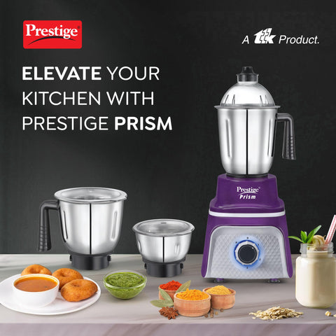 Prestige 750 Watts Prism Mixer Grinder with 3 Stainless Steel Jars| LED Power Indicator|Flow Breaker Design|Sturdy Handles| Purple and White