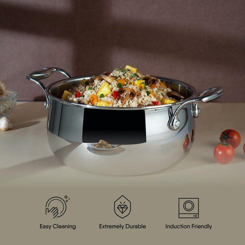 Stahl Triply Stainless Steel Sauce Pot with Lid | Stainless Steel Belly Casserole | Tri Ply Biryani Pot with Induction Base | Artisan 4180, Dia 20 cm, 3.2 L (Serves 4 People)