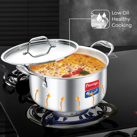 Prestige 24cm/5.5L Tri-Ply Stainless Steel Splendid Casserole| Gas and Induction Compatible |Even Heat Distribution| Thick Gauge Tri-Ply Body| Perma Cool Handles|15 Year Warranty